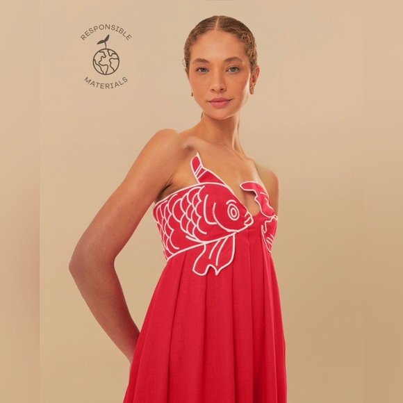 Farm Rio Red Fish Top Linen Blend Strapless Maxi Dress Tropical Appliqué Medium - Picture 3 of 12